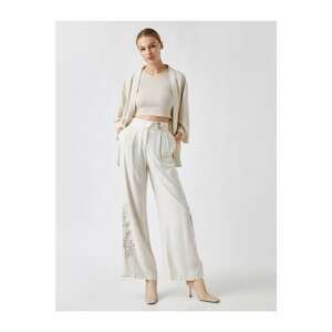 Koton High Waist Button Front Pleated Embroidered Wide Leg Trousers