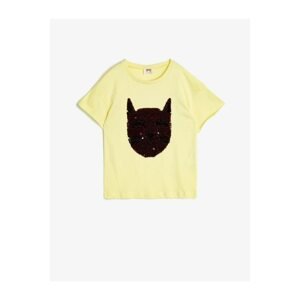 Koton Girl's Yellow Cotton Soft Reversible Sequin Pattern Short Sleeve T-shirt