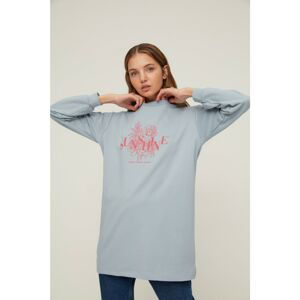 Trendyol Blue Crew Neck Print Detailed Knitted Sweatshirt