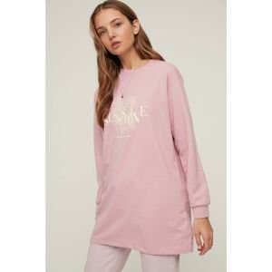 Trendyol Pink Crew Neck Print Detailed Knitted Sweatshirt