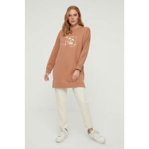 Trendyol Beige Crew Neck Print Detailed Knitted Sweatshirt