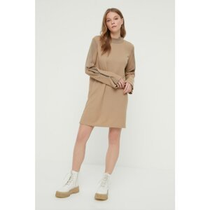Trendyol Camel Waffle Stand Collar Sleeve Detailed Knitted Dress