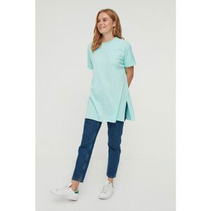 Trendyol Mint Crew Neck Slit Detailed Knitted 100% Cotton T-Shirt