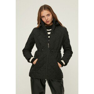 Trendyol Black Hooded Waist Pleated Quilted Coat