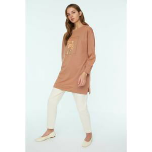 Trendyol Beige Crew Neck Print Detailed Knitted Sweatshirt