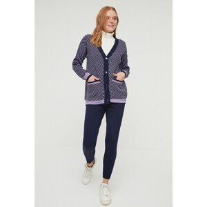 Trendyol Navy Blue Jacquard Oversize Cardigan-Pants Knitwear Bottom-Top Set