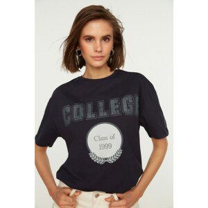 Trendyol Navy Blue Printed Boyfriend Knitted T-Shirt