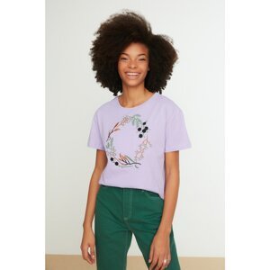 Trendyol Lilac Embroidered Semifitted Knitted T-Shirt