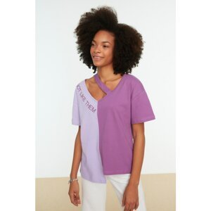 Trendyol Purple Color Block Cut Out Detailed Basic Knitted T-Shirt