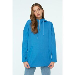 Trendyol Blue Hooded Zipper Detailed Knitted Sweatshirt