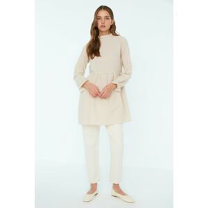 Trendyol Beige Striped Stand Up Collar Ruffle Detailed Knitted Tunic