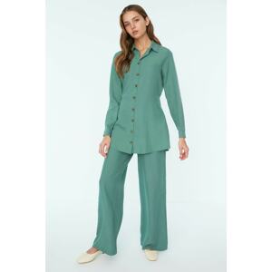 Trendyol Green Shirt Collar Button and Belt Detailed Wide Leg Bottom-Top Set