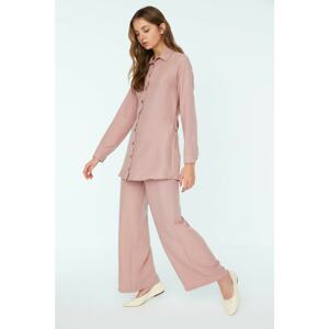 Trendyol Dried Rose Shirt Collar Button and Belt Detailed Wide Leg Bottom-Top Set