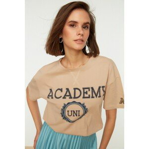 Trendyol Beige 100% Cotton Slogan Printed Boyfriend Fit Crew Neck Knitted T-Shirt