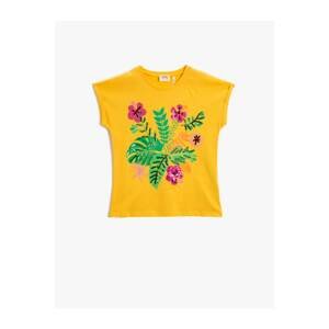 Koton Girl's Yellow Printed T-Shirt Crew Neck Cotton