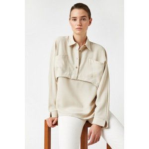 Koton Women's Ecru Buttoned Long Sleeve Shirt Collar Pocket Detailed Blouse