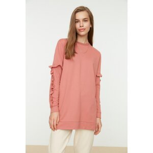 Trendyol Coral Crew Neck Ruffle Detailed Knitted Sweatshirt