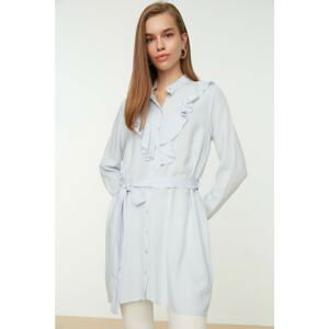 Trendyol Light Blue Ruched Collar Frilly and Sash Detailed Woven Shirt