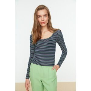 Trendyol Navy Blue Button Detailed Striped Knitted Blouse