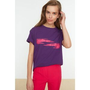 Trendyol Purple Printed Boyfriend Knitted T-Shirt