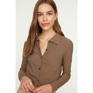 Trendyol Mink Buttoned Polo Collar Crepe Crop Knitted Shirt