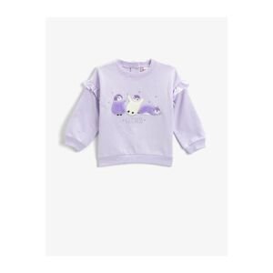 Koton Animal Printed Ruffle Detailed Sweatshirt Crew Neck Cotton