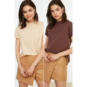 Trendyol Brown-Beige 2-Pack 100% Cotton Basic Stand-Up Collar Knitted T-Shirt