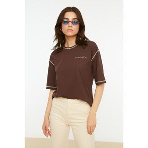 Trendyol Brown Loose Printed and Stitched Knitted T-Shirt