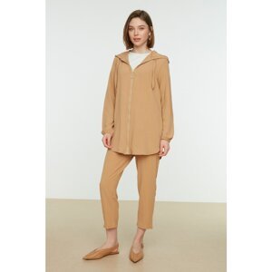 Trendyol Camel Hooded Zipper Detailed Woven Bottom-Top Set