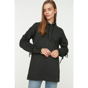 Trendyol Anthracite Hooded Ruffle Detailed Knitted Sweatshirt