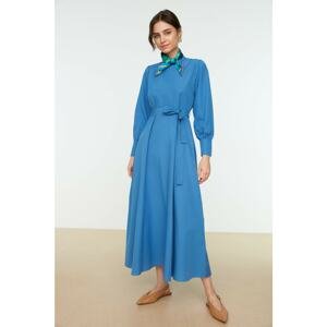 Trendyol Blue Belted Wide Cuffed Stand Collar Cotton Woven Dress