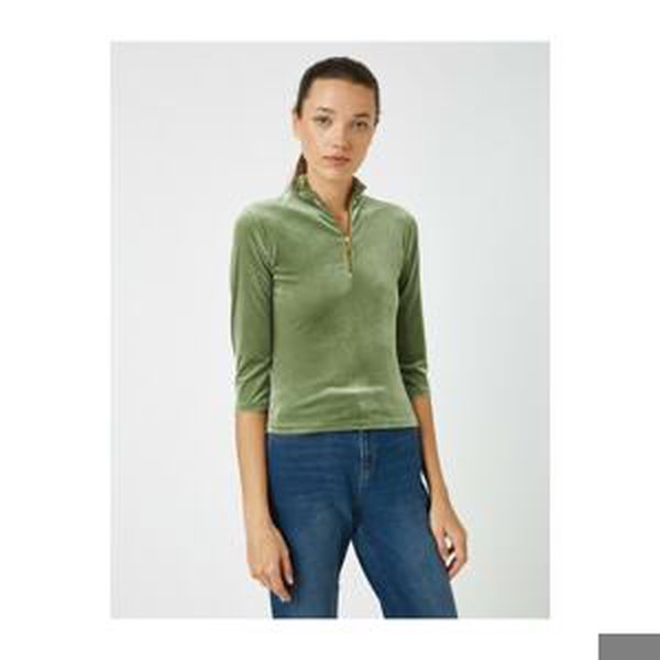 Koton Women's Green Stand Up Collar Zipper Detailed T-Shirt