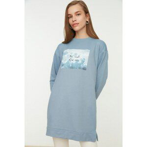 Trendyol Blue Crew Neck Print Detailed Knitted Sweatshirt