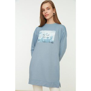 Trendyol Blue Crew Neck Print Detailed Knitted Sweatshirt