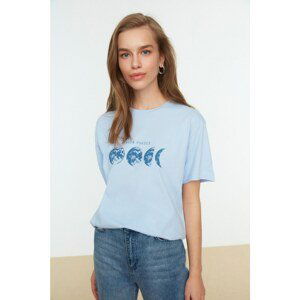 Trendyol Blue Printed Boyfriend Knitted T-Shirt