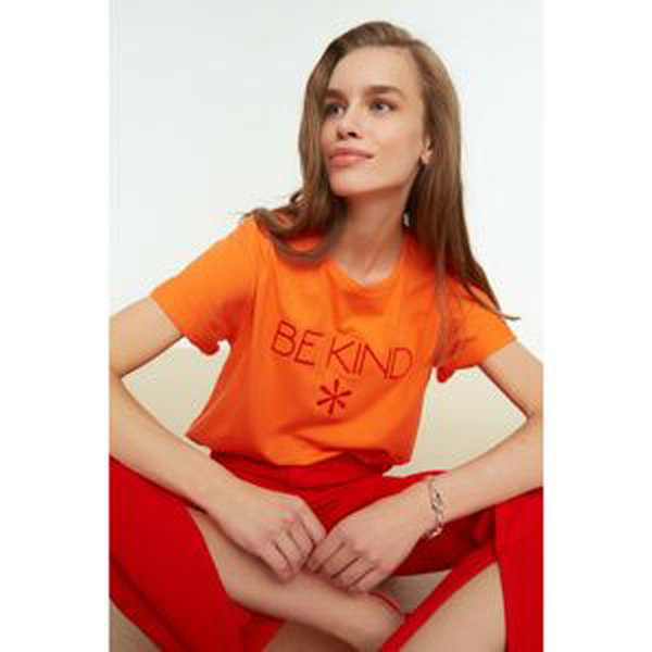 Trendyol Orange Embroidered Boyfriend Knitted T-Shirt