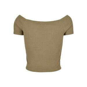 Women's t-shirt in khaki color with a stretched shoulder