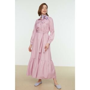 Trendyol Pink Belted Shirt Collar Pocket Detailed Woven Dress