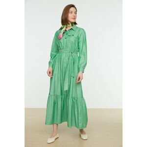 Trendyol Green Belted Shirt Collar Pocket Detailed Woven Dress