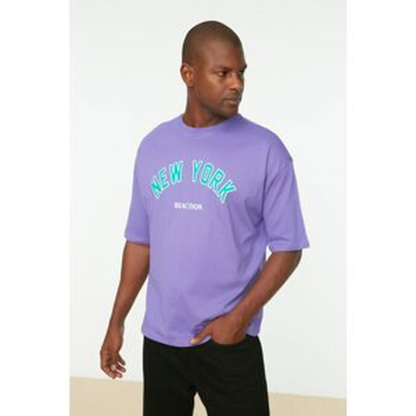 Trendyol Purple Men's Oversize Fit 100% Cotton Crew Neck Short Sleeve Printed T-Shirt