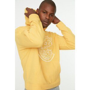 Trendyol Mustard Men's Regular/Regular Cut Hoodie with Pockets Printed Sweatshirt
