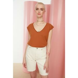 Trendyol Brown Dirty Stitch Detail Basic Knitted T-Shirt
