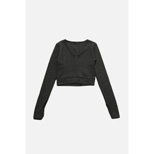 Trendyol Anthracite Crop Corduroy and Zipper Finger-Cut Detailed Knitted Blouse