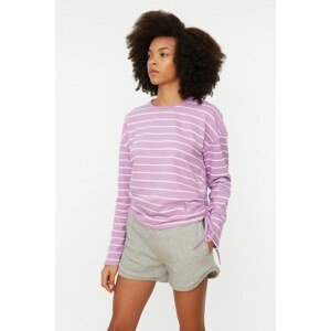 Trendyol Lilac Striped Ruffle Detailed Basic Knitted Sweatshirt