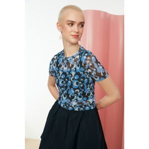 Trendyol Blue Printed Fitted Knitted Blouse