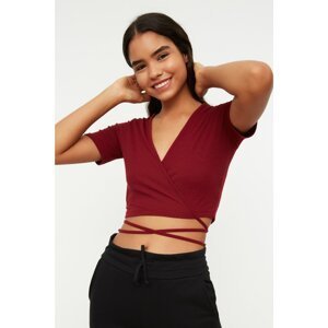 Trendyol Claret Red Tie Detailed Crop Knitted Blouse