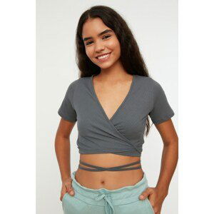 Trendyol Gray Tie Detailed Crop Knitted Blouse