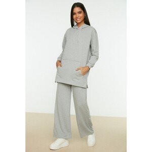 Trendyol Gray Hooded Kangaroo Pocket Wide Leg Basic Knitted Tracksuit Set