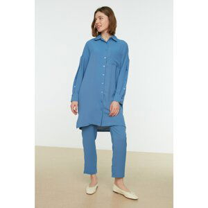 Trendyol Indigo Sleeves Button Detailed Shirt Collar Woven Bottom-Top Set