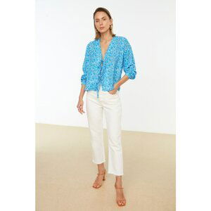 Trendyol Blue Floral Printed Tie Detailed Blouse